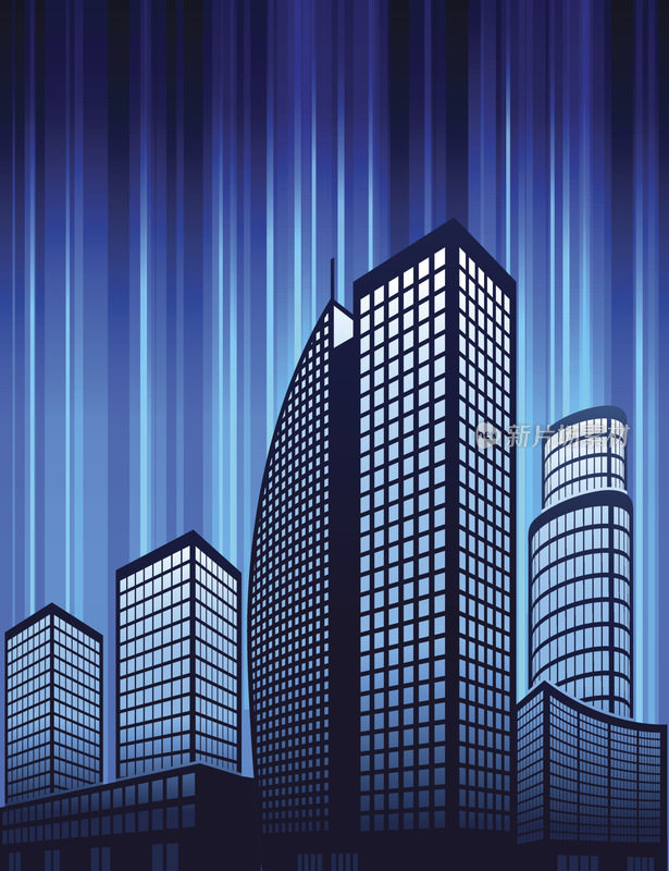城市天际线全景和建筑在蓝色灯光背景