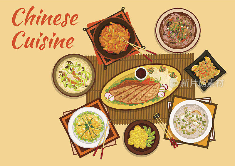 中国菜肴的肉和热汤扁形图标
