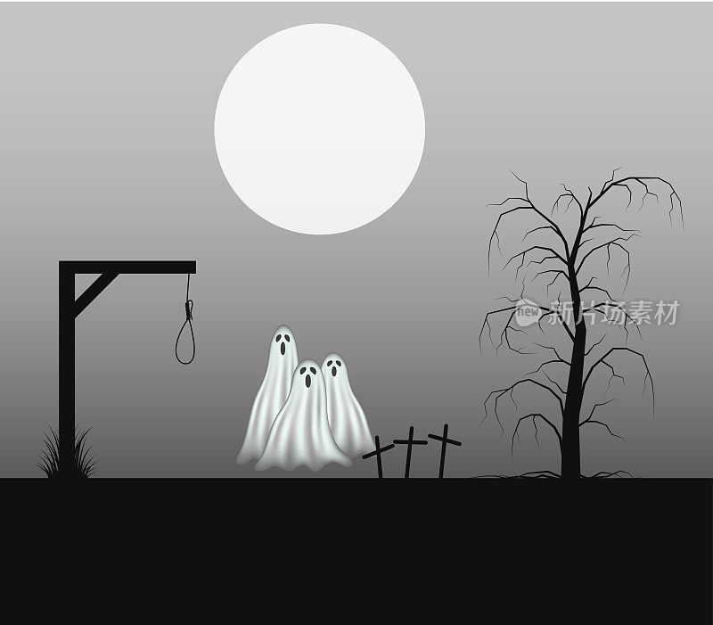 令人毛骨悚然的背景，三个幽灵站在墓地