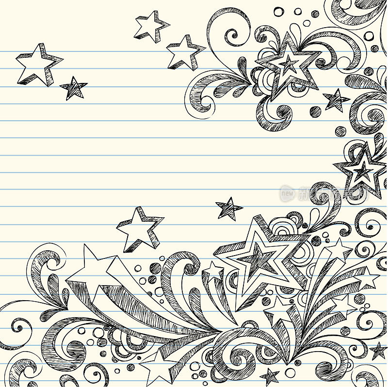 在笔记本纸上潦草的星星涂鸦