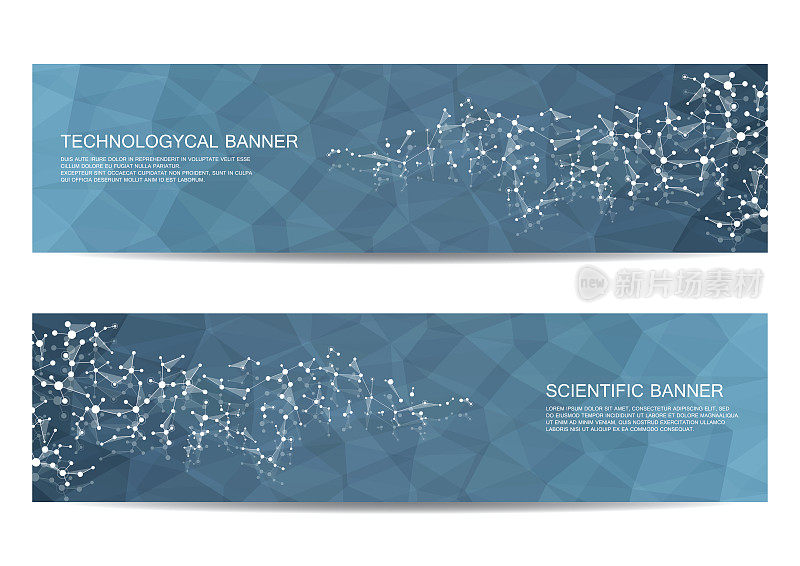 一套现代科学横幅。分子结构DNA和神经元。抽象的背景。医药，科技，商业，网站模板。可缩放矢量图形