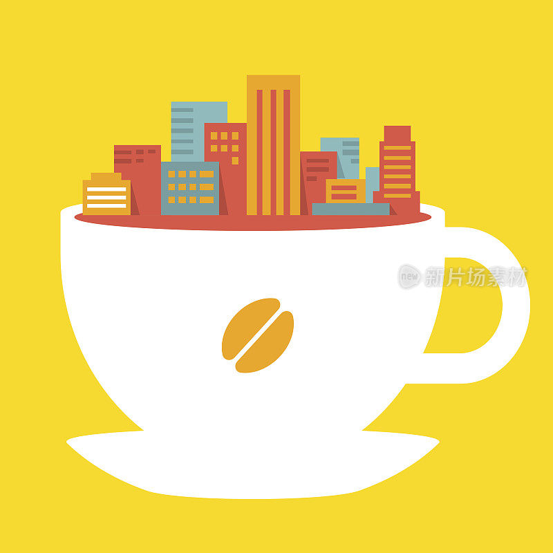 平面风格在咖啡杯中描绘现代都市