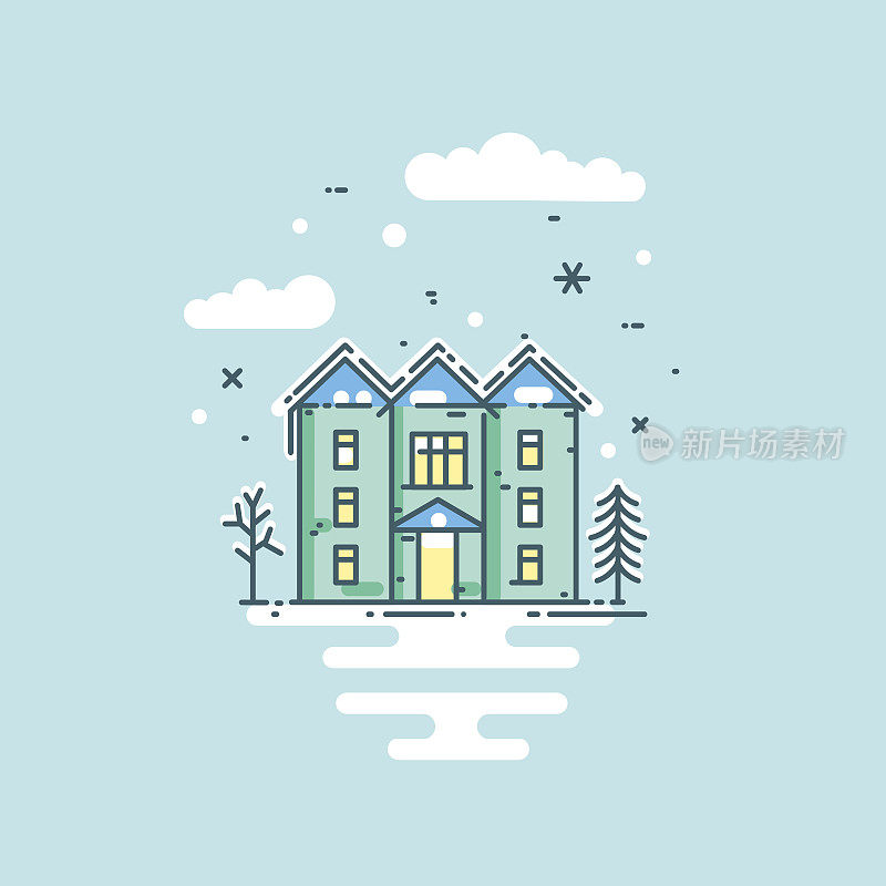 矢量平面线插图与房子，树，云和雪。