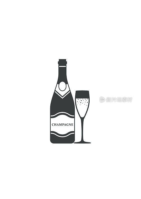 香槟酒瓶和玻璃杯。酒精酒庆祝。