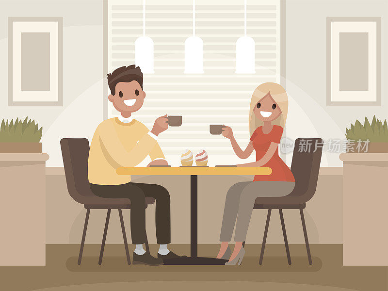 一对恩爱的夫妇在咖啡馆里喝咖啡。在一家舒适的餐厅里，一男一女坐在一张桌子旁