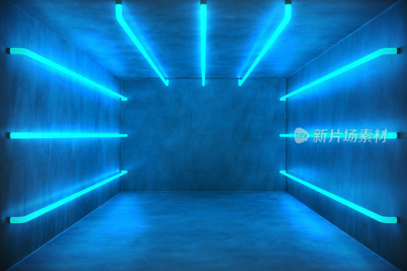 3D插图抽象的蓝色房间内部与蓝色霓虹灯。未来建筑的背景。混凝土墙箱体。你的设计项目的模型，