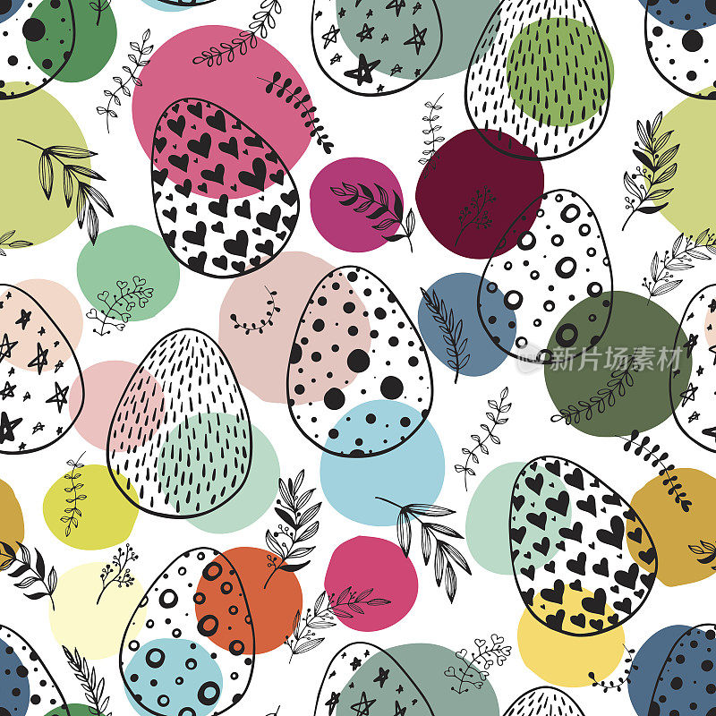 无缝图案与手绘观赏蛋和彩色散落的五彩纸屑。