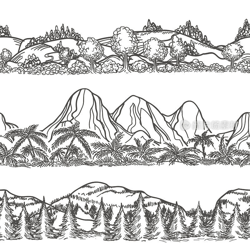 山川和森林手绘风景