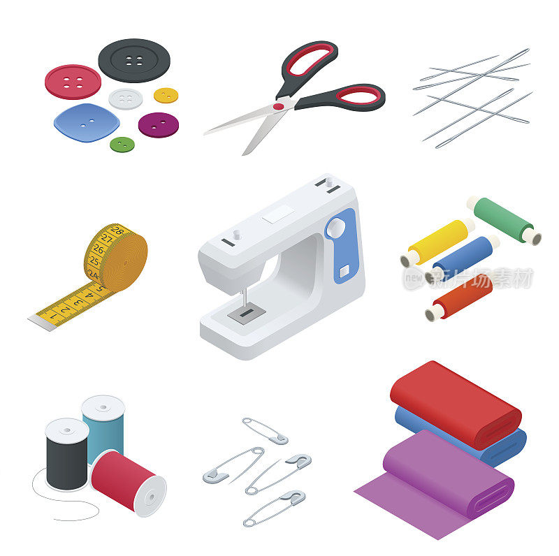 彩色旗帜的对象，缝纫，手工艺品。缝纫工具及缝纫箱、缝纫设备、针、缝纫机、针、线。缝向量集。