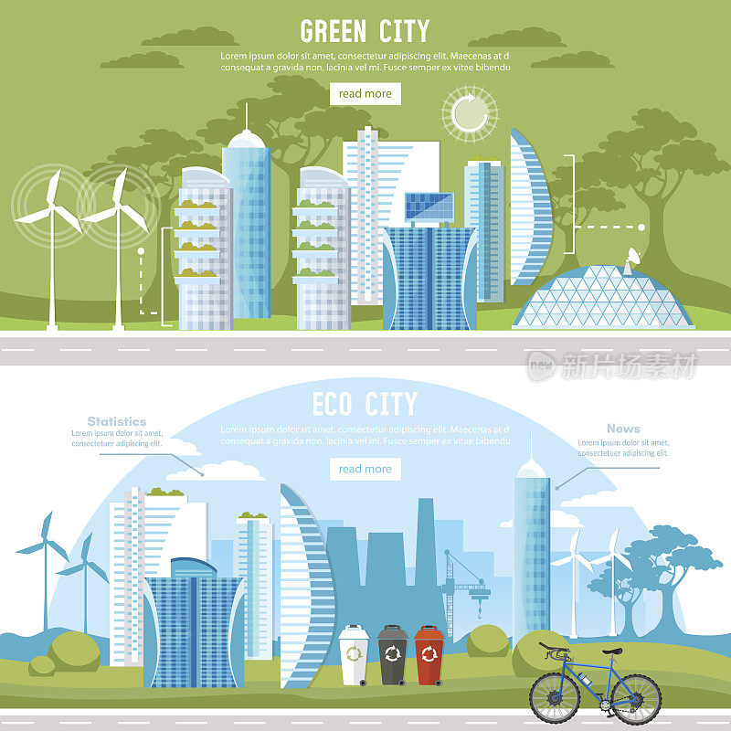 绿色城市旗帜。生态城市背景，城市景观。未来能源城市，太阳能板，风车。和谐生态城市与自然的设计模板