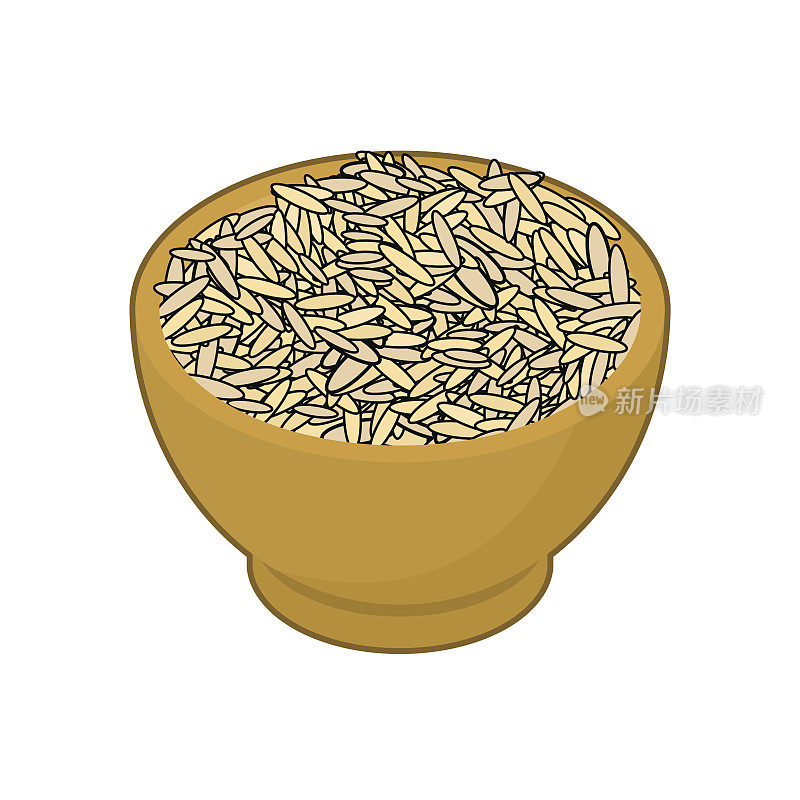 半熟的米饭在木碗孤立。木碟中的格栅。白色背景上的纹理。矢量图