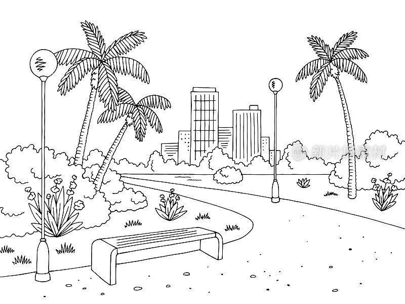 公园棕榈图形黑白长凳灯景观素描插图向量