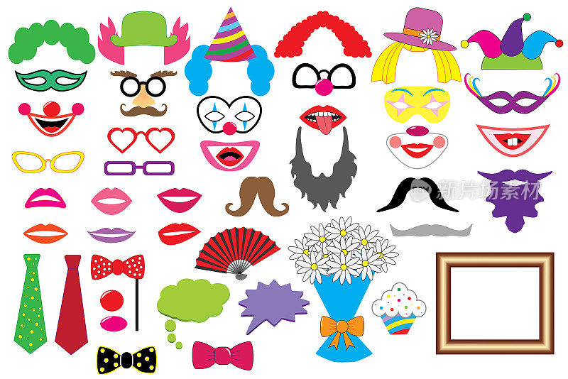 方设置。小丑。眼镜，帽子，嘴唇，假发，胡子，领带等，图标。向量。照相亭道具。