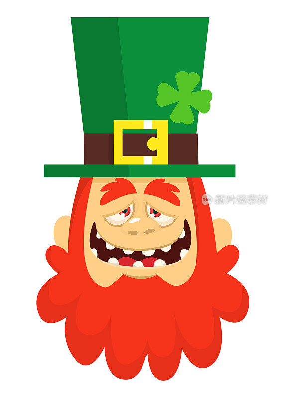 滑稽的卡通小精灵脸。红胡子的头。图为爱尔兰圣帕特里克节庆祝活动