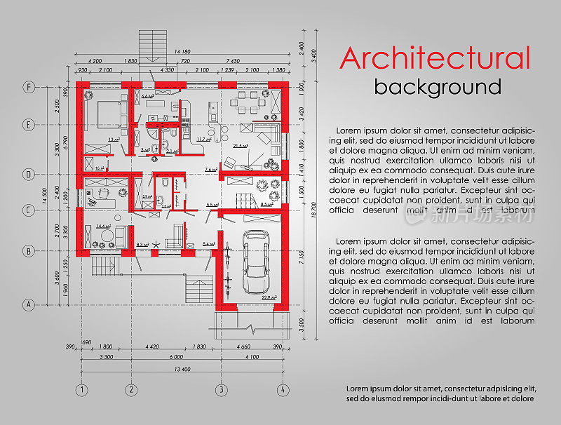 建筑元素的背景。横幅。广告元素。画中的红线。标签和标题的空间。建筑制图。公寓房子的处理