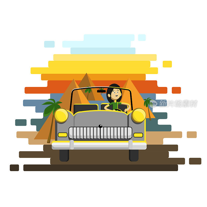 一个女人开着一辆银色复古车在夕阳下的热带与金字塔的背景。粗心的司机角色。矢量平面卡通插图