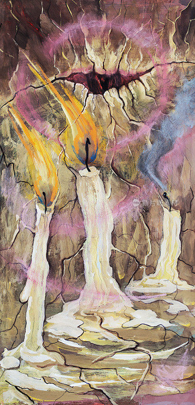 时尚的插图现代艺术作品我的原始油画在画布上讽喻象征性的垂直画关于生和死的幻想燃烧的蜡烛和熄灭的蜡烛烟在龟裂的土地沙漠