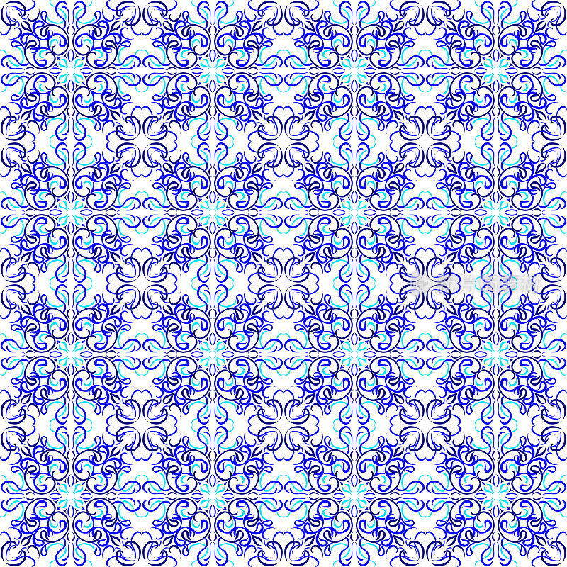 矢量瓷砖图案，里斯本阿拉伯花卉马赛克，地中海无缝海军蓝装饰。
