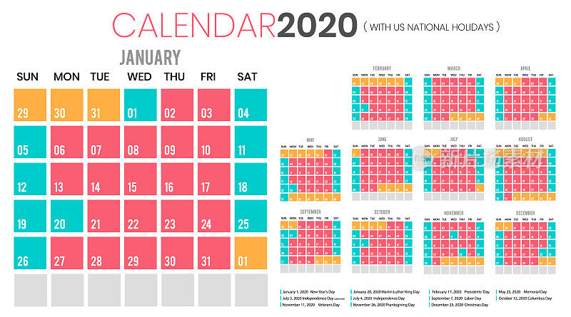 日历2020包括美国假期