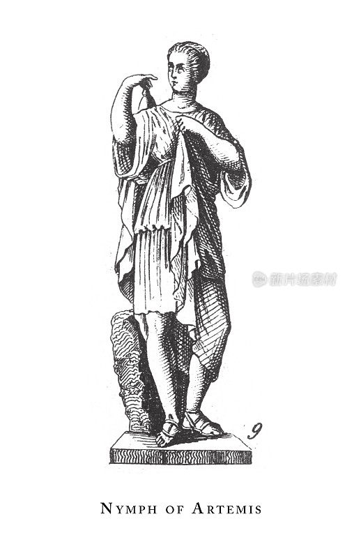 阿尔特弥斯女神，古典神灵和神话人物雕刻古董插图，出版于1851年