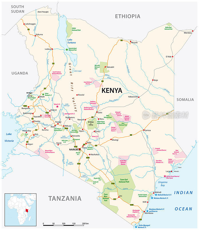 肯尼亚公路，国家公园和国家保护区地图