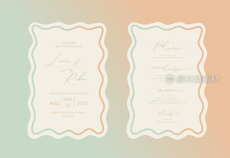 豪华波浪边婚礼邀请卡背景。抽象艺术背景矢量设计婚礼和vip封面模板。