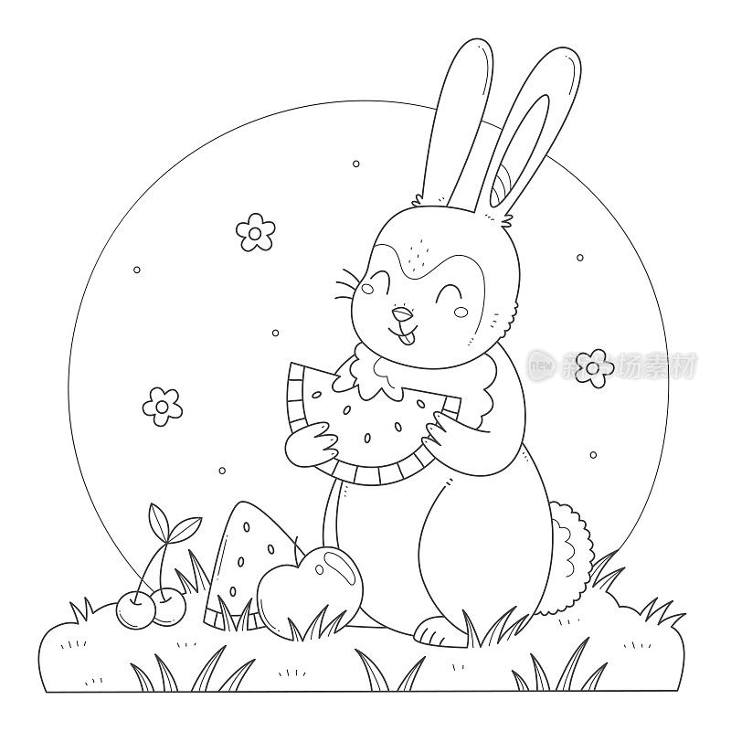 可爱的兔子用水果吃西瓜着色页。兔子吃儿童涂色书。黑白插图。