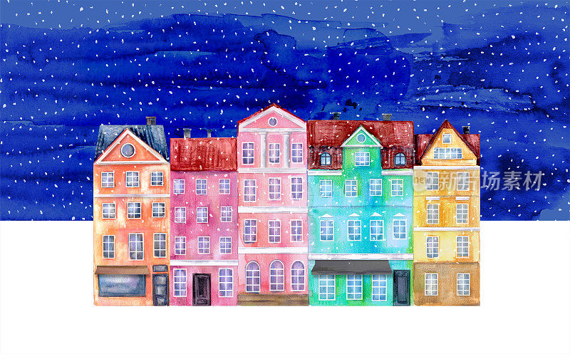 手绘水彩拼贴房屋，色彩鲜艳，冬夜的天空，雪花