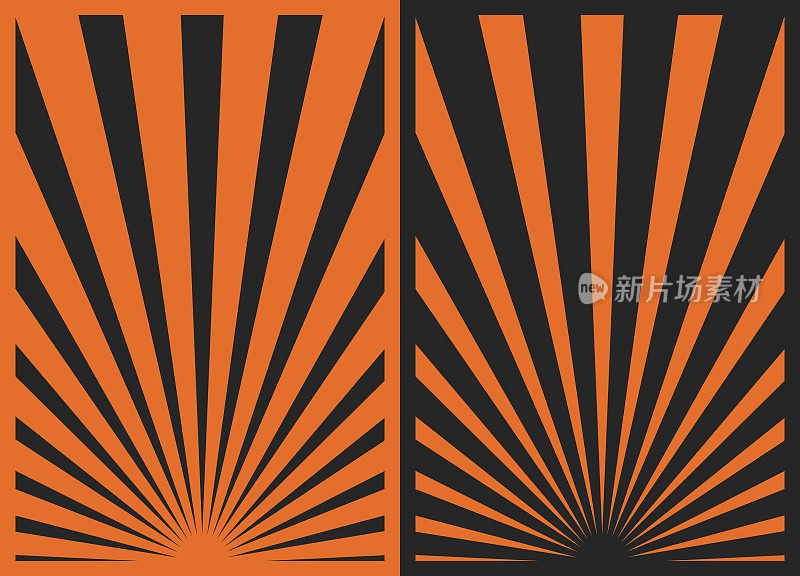 2套黑色和橙色复古灵感垂直海报，不同的太阳爆发圣诞节背景模板。纸拼贴画背景。