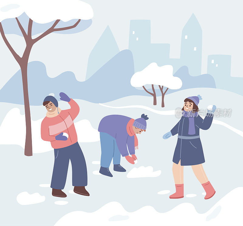 孩子扔雪球。Smowball战斗。男孩和女孩在冬天在外面玩。冬季活动。对外开放的公园。平面向量插图。