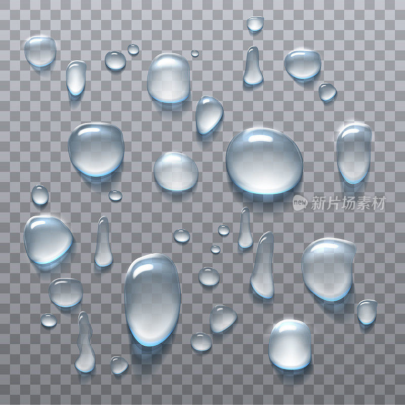 逼真的矢量图标集。水滴。在透明的背景上，雨滴的大小和形状不同。
