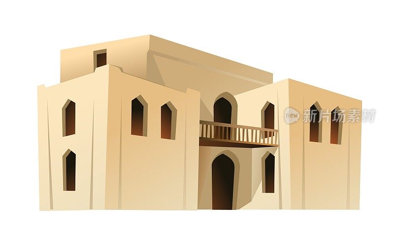 阿拉伯粘土双层小屋，带阳台。中东土坯房。非洲和亚洲的传统房屋。白色背景隔离矢量。