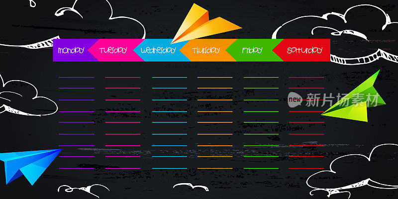 学校风格的周报、日记、计划理念。在黑板背景上写意画和纸飞机的一周的日子。