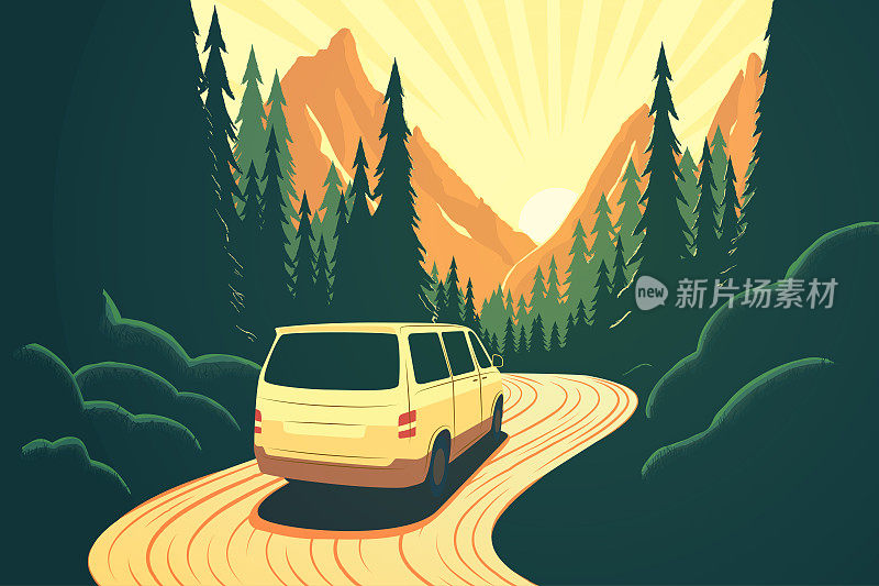 小货车正沿着一条蜿蜒的森林道路行驶。山的风景。日落。矢量平面插图。凡的生活。开车旅行。