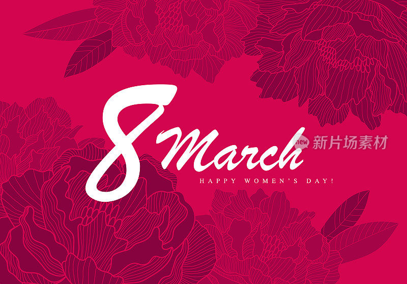 在红色的背景上，盛开的红色牡丹的繁茂花蕾。3月8日国际妇女节时尚明信片。