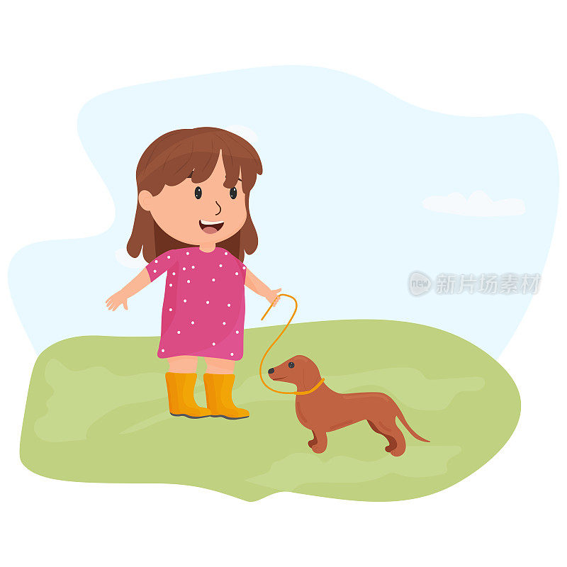 小女孩带着他的狗在大自然中散步。动物护理，矢量插图
