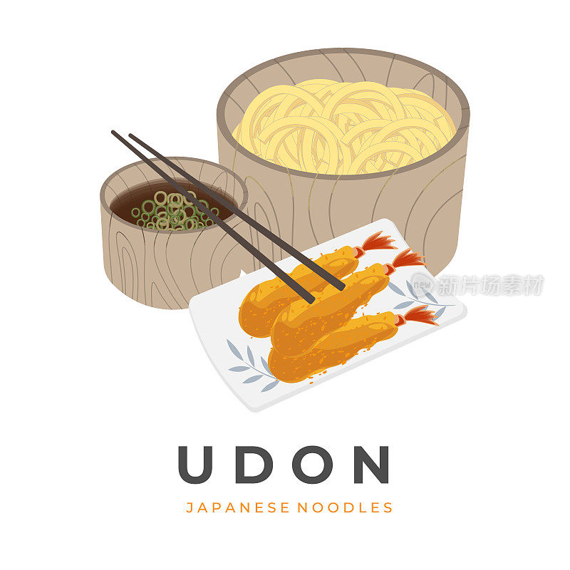 矢量插图天妇罗乌冬面传统的日本食物与木碗和单独的肉汤