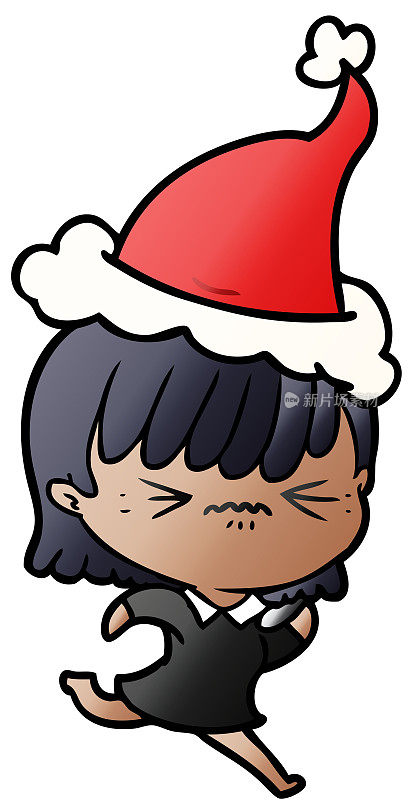 烦恼的手绘渐变卡通女孩戴着圣诞老人的帽子