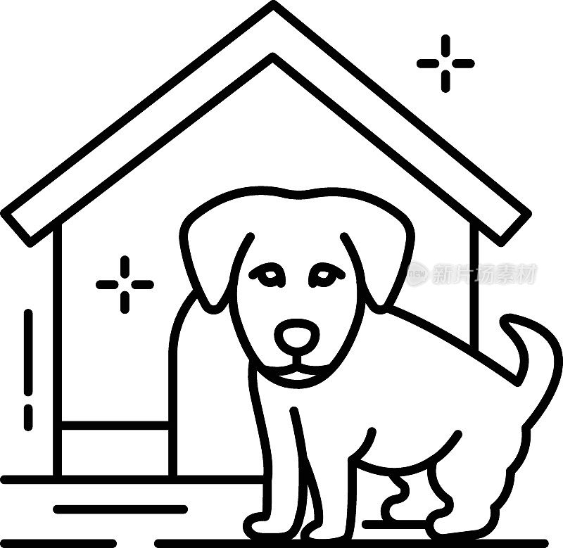 犬舍矢量轮廓图标设计，宠物和兽医符号，动物收容所标志，动物股票插图，小狗与木屋概念
