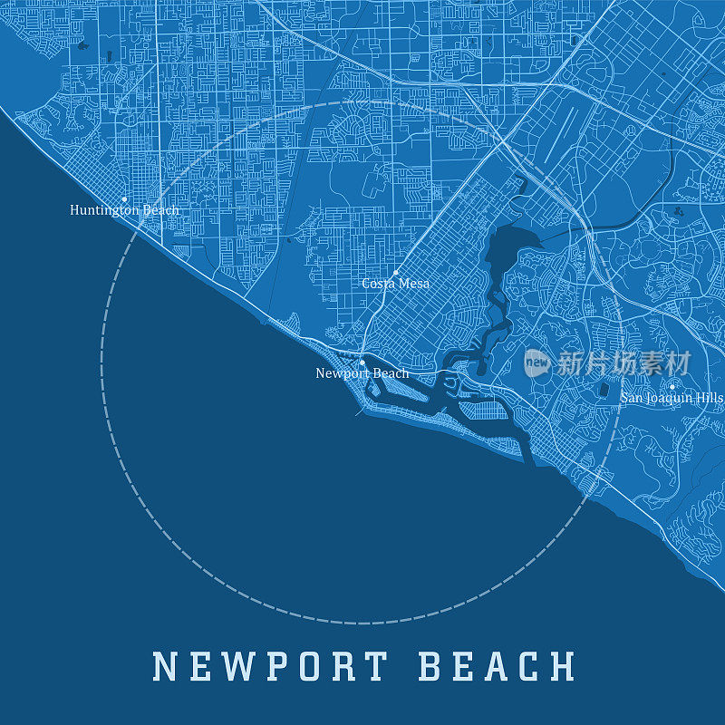 新港海滩CA城市矢量道路地图蓝色文本