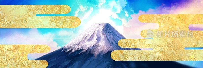 日本画风背景宽尺寸插图与平安画风的金叶云和美丽的富士山与舞动的金叶，金粉和沙点。