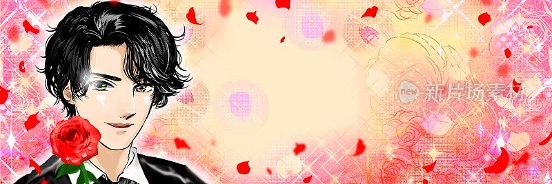 Shoujo漫画风格的宽幅插图，一个黑头发的英俊男孩，一只手拿着红玫瑰，温柔地微笑着邀请他。