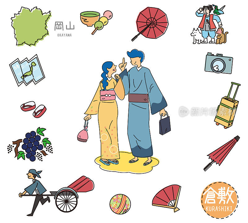 日本著名观光偶像冈山仓敷和和服情侣套装(线描)