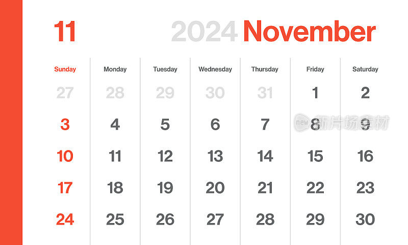 2024年11月-月历。极简风格的景观水平日历2024年。向量模板。一周从周日开始