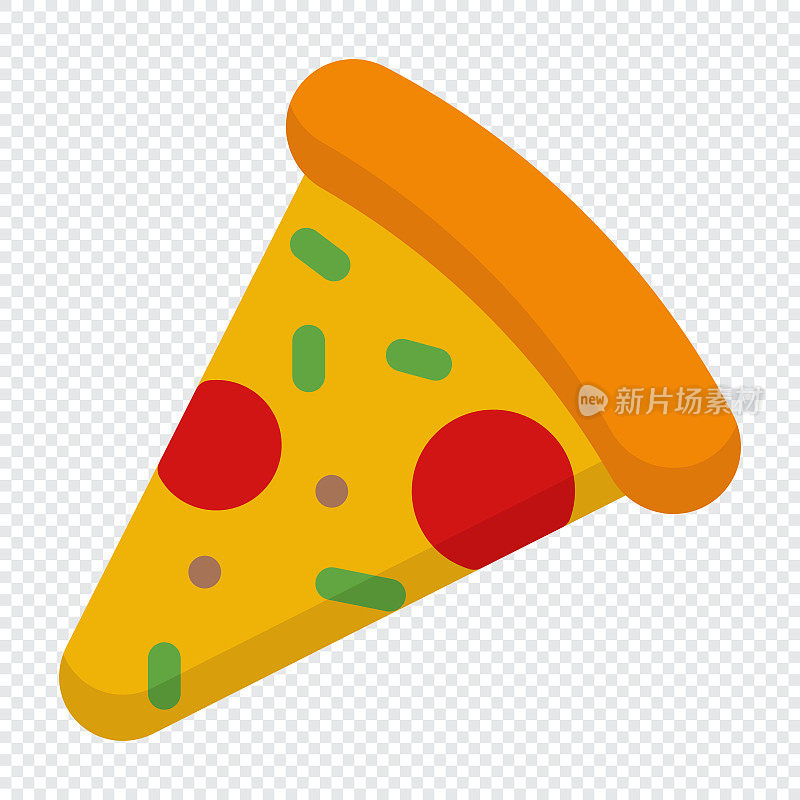 披萨片图标。披萨片与意大利辣香肠扁平图标。披萨店的招牌。快餐的标志。矢量图