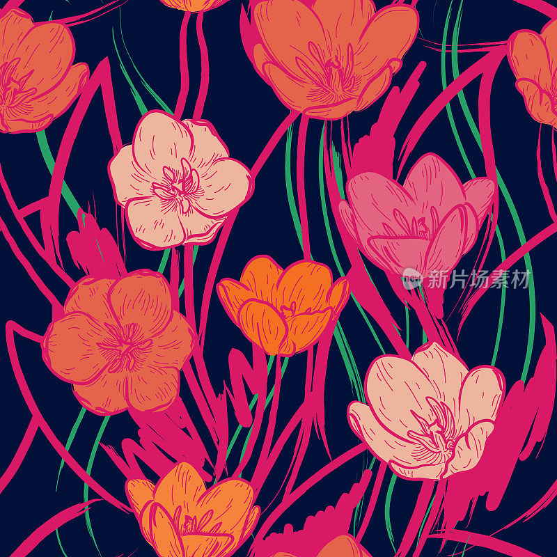 野生和明亮的60迷幻郁金香花卉无缝图案背景