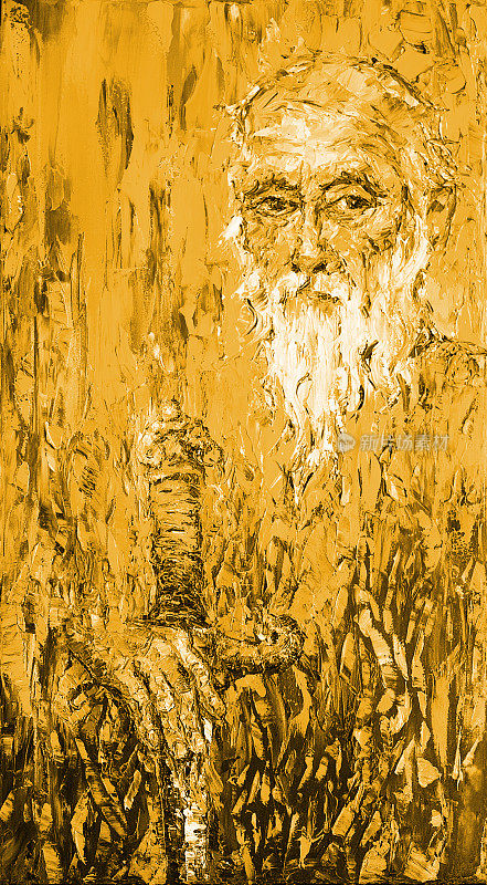 插图油画肖像老人与胡子剑手在棕褐色