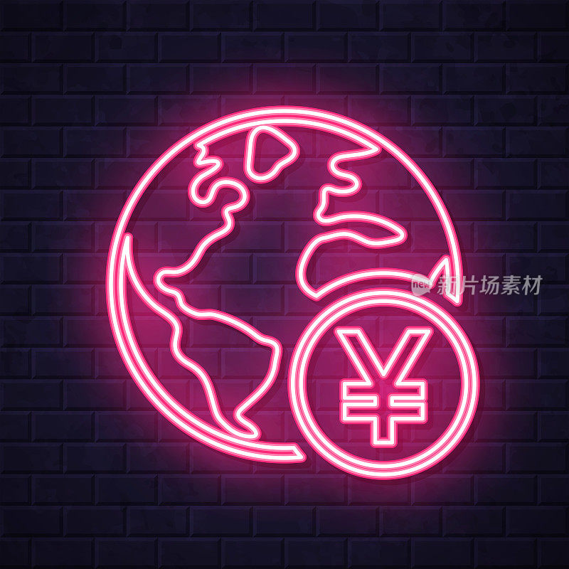 土属Yen星座。在砖墙背景上发光的霓虹灯图标