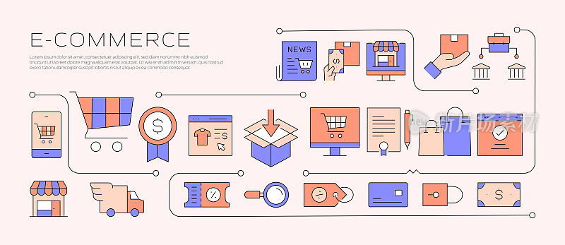电子商务相关的线条风格横幅设计网页，标题，小册子，年度报告和书籍封面