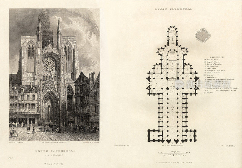 法国大教堂，鲁昂大教堂，鲁昂，法国，古董法国雕刻，1837年